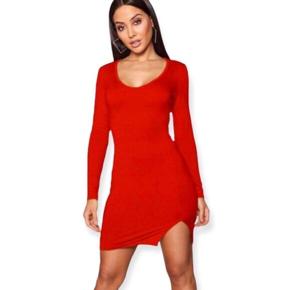 🆕Boohoo Long Sleeve Split Front Red Mini Dress - Picture 2 of 7